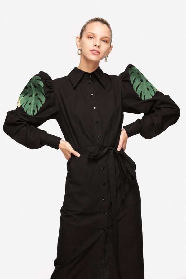 Black Monstera Shirt Dress