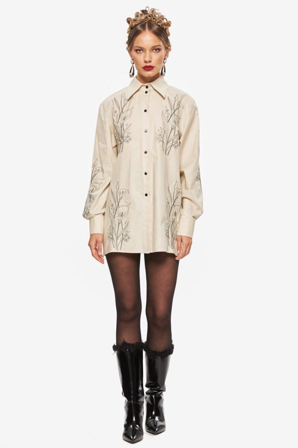 Beige Floral Embroidered Shirt