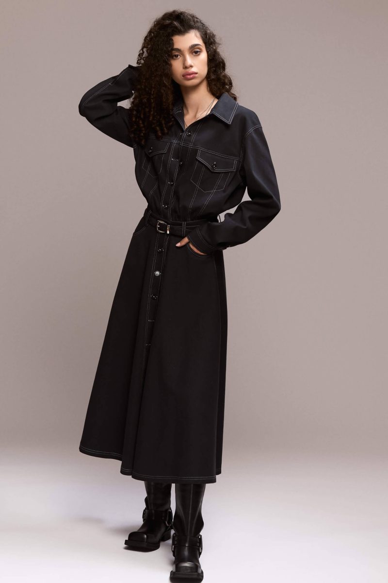 Designed with a timeless silhouette, this dress features striking white contrast stitching that defines its structure and adds a modern edge. With collared neckline and full length front button closure, front pockets, you can wear it with a belt to cinch the waist for a flattering fit.