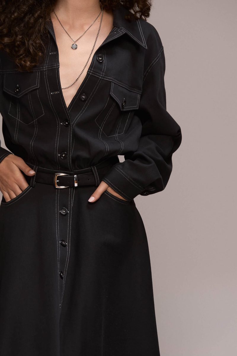 Designed with a timeless silhouette, this dress features striking white contrast stitching that defines its structure and adds a modern edge. With collared neckline and full length front button closure, front pockets, you can wear it with a belt to cinch the waist for a flattering fit.