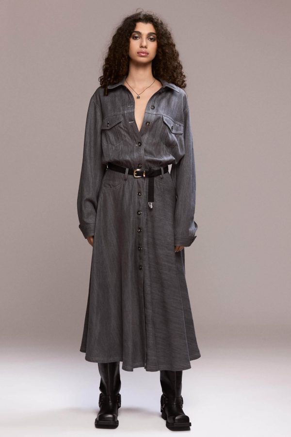 Designed with a timeless silhouette, this dress features striking white contrast stitching that defines its structure and adds a modern edge. With collared neckline and full length front button closure, front pockets, you can wear it with a belt to cinch the waist for a flattering fit.